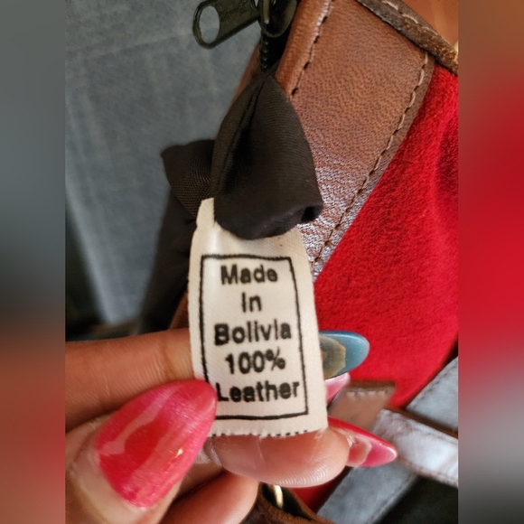 Handcraft Bolivian Red Suede & Brown 100% Leather Tote Bag - Picture 9 of 12